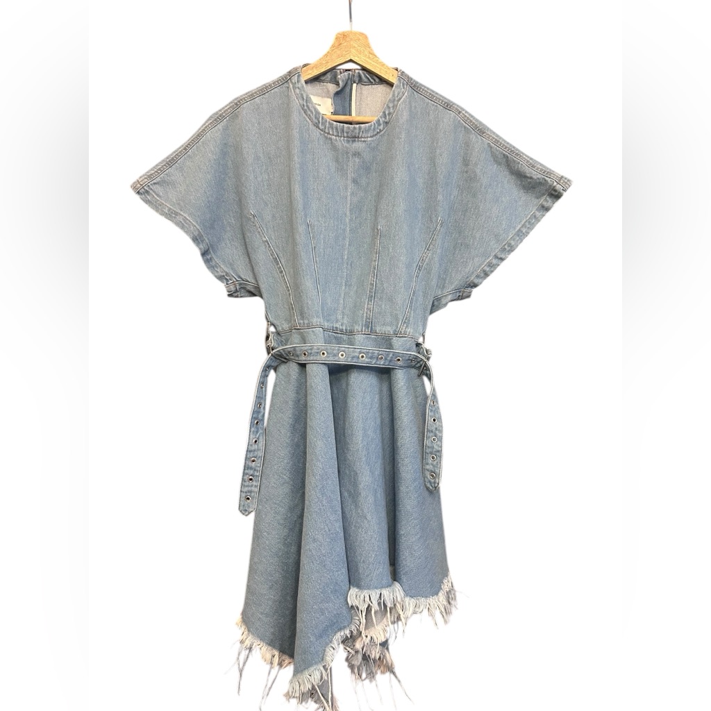 Marques Almeida Asymmetrical Frayed Denim Belted Dress — image 3 of 8